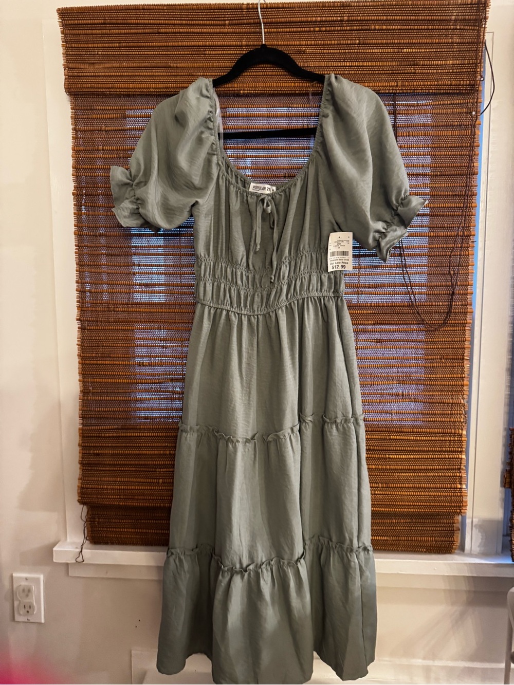Smocked Puff-Sleeve Midi Dress in Sage Green - Picture 5 of 5